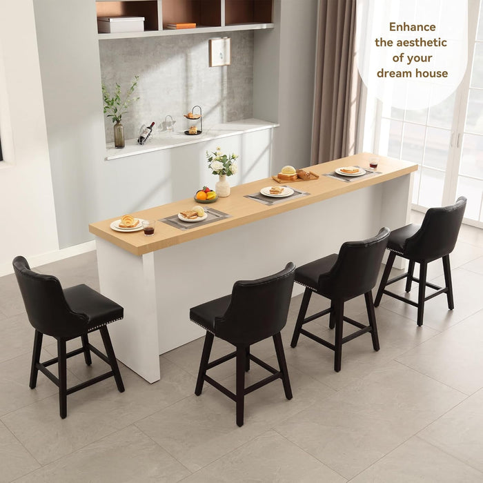 Counter Height Bar Stools Set of 4, 26" Swivel Bar Stools with Backs and Solid Wood Legs, Mid Century Morden Faux Leather Upholstered Barstools for Kitchen Island, Home Bar, Black - ShipItFurniture