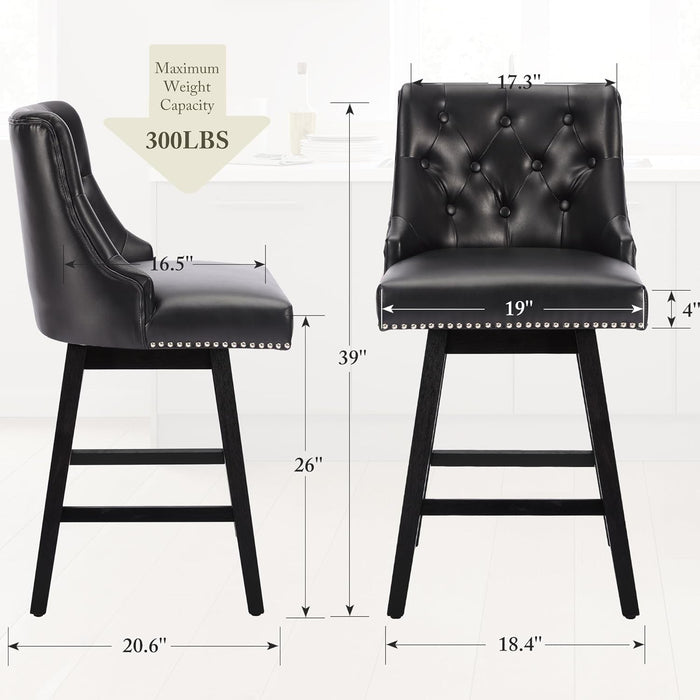 Counter Height Bar Stools Set of 4, 26" Swivel Bar Stools with Backs and Solid Wood Legs, Mid Century Morden Faux Leather Upholstered Barstools for Kitchen Island, Home Bar, Black - ShipItFurniture