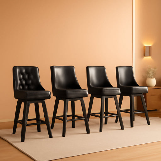 Counter Height Bar Stools Set of 4, 26" Swivel Bar Stools with Backs and Solid Wood Legs, Mid Century Morden Faux Leather Upholstered Barstools for Kitchen Island, Home Bar, Black - ShipItFurniture