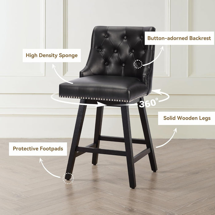 Counter Height Bar Stools Set of 4, 26" Swivel Bar Stools with Backs and Solid Wood Legs, Mid Century Morden Faux Leather Upholstered Barstools for Kitchen Island, Home Bar, Black - ShipItFurniture