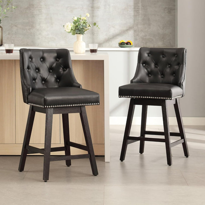 Counter Height Bar Stools Set of 4, 26" Swivel Bar Stools with Backs and Solid Wood Legs, Mid Century Morden Faux Leather Upholstered Barstools for Kitchen Island, Home Bar, Black - ShipItFurniture