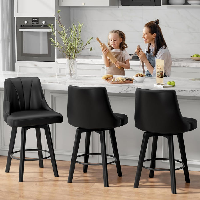 Counter Height Swivel Bar Stool, 24" Upholstered PU Leather Barstools Set of 3, Counter Stool Chair with Back & Solid Wood Legs for Kitchen Island Dining Room (Black) - ShipItFurniture