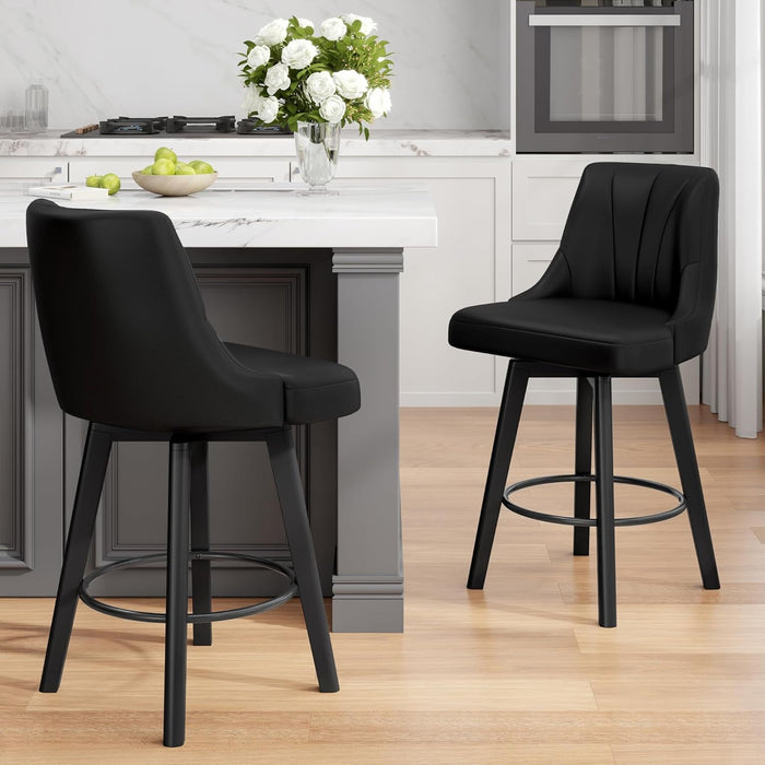 Counter Height Swivel Bar Stool, 24" Upholstered PU Leather Barstools Set of 3, Counter Stool Chair with Back & Solid Wood Legs for Kitchen Island Dining Room (Black) - ShipItFurniture