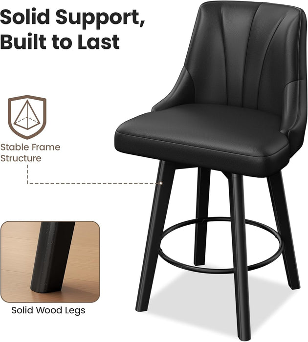 Counter Height Swivel Bar Stool, 24" Upholstered PU Leather Barstools Set of 3, Counter Stool Chair with Back & Solid Wood Legs for Kitchen Island Dining Room (Black) - ShipItFurniture
