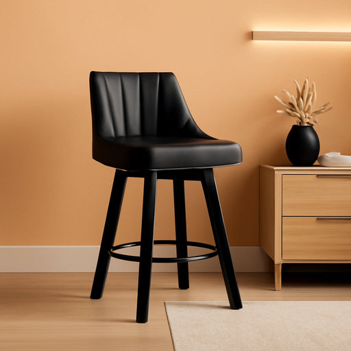 Counter Height Swivel Bar Stool, 24" Upholstered PU Leather Barstools Set of 3, Counter Stool Chair with Back & Solid Wood Legs for Kitchen Island Dining Room (Black) - ShipItFurniture