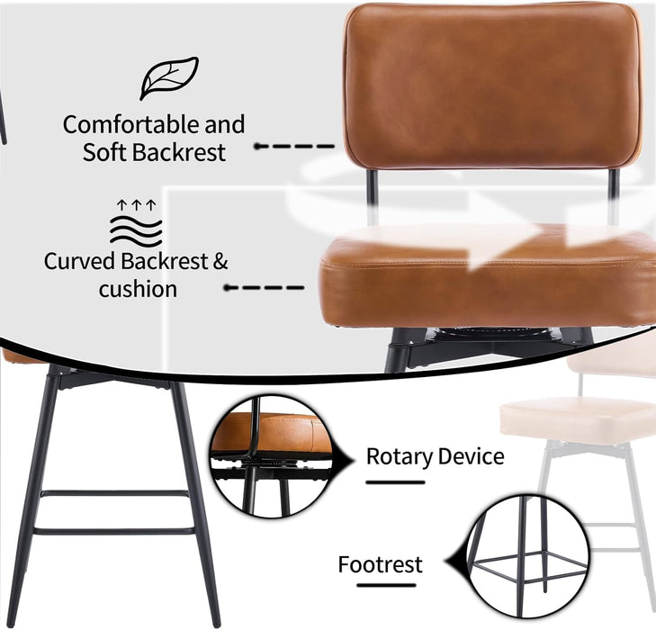 Counter Height Swivel Bar Stools Set of 2, 26" Seat Height Counter Bar Stool for Kitchen Island, Upholstered PU Leather Barstools with Wood Backs and Metal Legs, Brown - ShipItFurniture