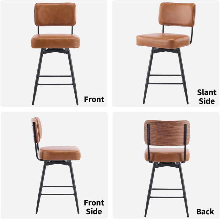 Counter Height Swivel Bar Stools Set of 2, 26" Seat Height Counter Bar Stool for Kitchen Island, Upholstered PU Leather Barstools with Wood Backs and Metal Legs, Brown - ShipItFurniture