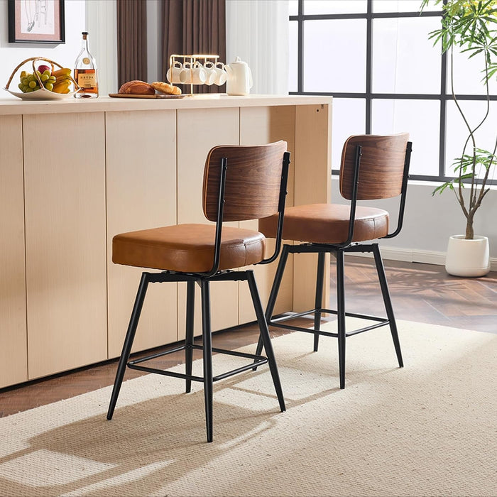 Counter Height Swivel Bar Stools Set of 2, 26" Seat Height Counter Bar Stool for Kitchen Island, Upholstered PU Leather Barstools with Wood Backs and Metal Legs, Brown - ShipItFurniture