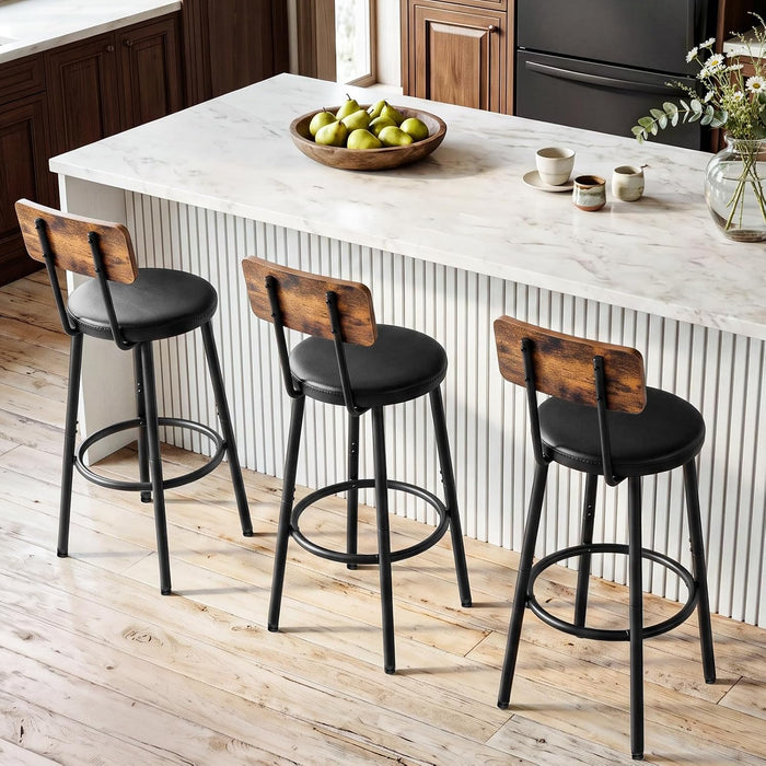 Bar Stools, Bar Stools Set of 3 with PU Upholstered, Bar Chairs with Footrest and Back, 26" Barstools for Kitchen Sland, Dining Room, Easy to Assemble, Rustic Brown and Black BF31BYP301G2