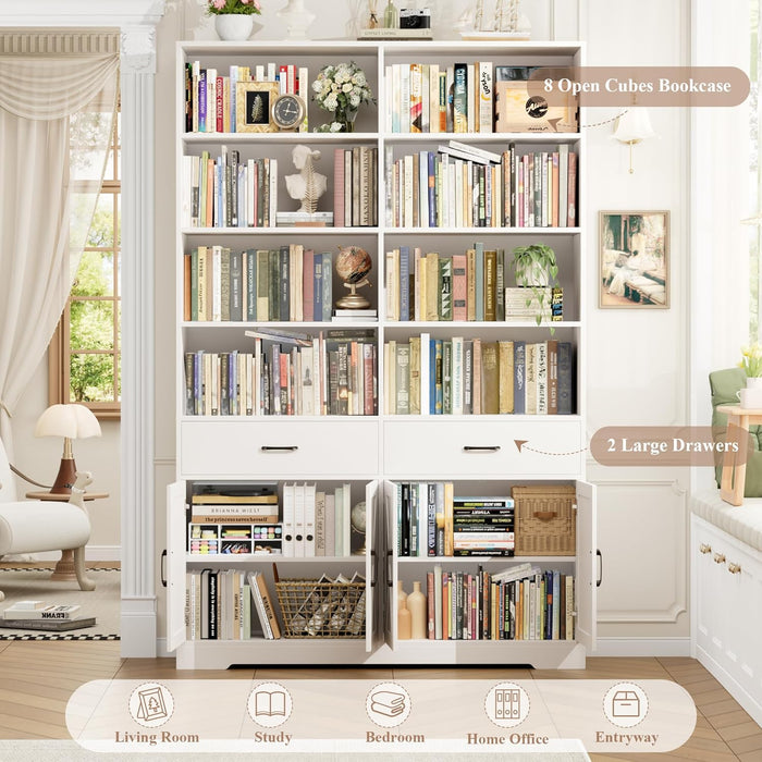 78" Tall Bookshelf with Doors, Double Wide Bookshelf with Storage Drawers, Large Bookcase with Cabinet and 8 Open Display Shelves, Farmhouse Wood Bookcase Book Shelf for Living Room, White
