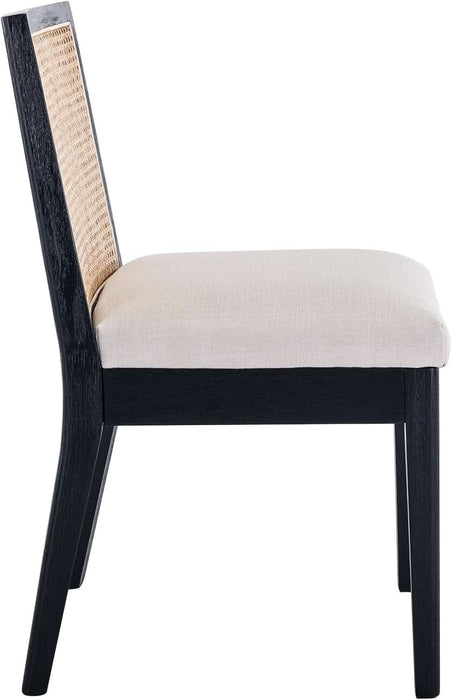 Rattan Dining Chairs Set of 6, Farmhouse Kitchen Chairs with Cane Back, Upholstered Dining Room Chairs Comfy Side Wood Chair for Living Room/Restaurant, Black Cream