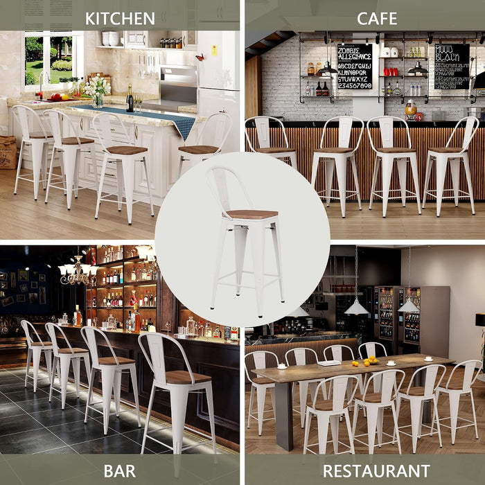 24" Metal Counter Height Bar Stools with Back Set of 4 Off-White | Modern Farmhouse Barstools with Large Seat, Footrest, High Back Counter Bar Chairs for Kitchen Island, Dining Room