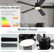 56 Inch Black Ceiling Fans with Lights and Remote/App Control, DC Reversible Motor, Noiseless, Dimmable, 6 Speeds Low Profile Modern Ceiling Fan for Livingroom, Indoor/Outdoor Use