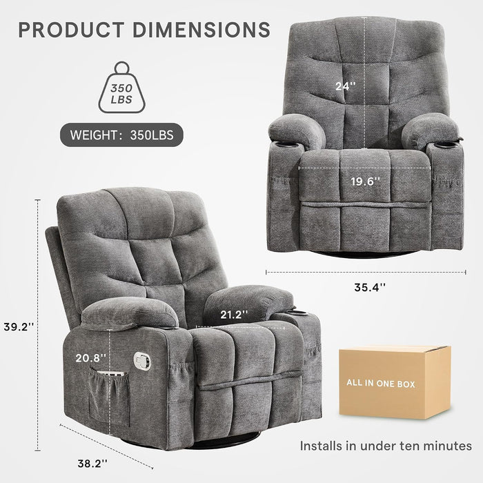 360°Swivel Rocker Recliner Chair with Cup Holders Grey, 1-Pack