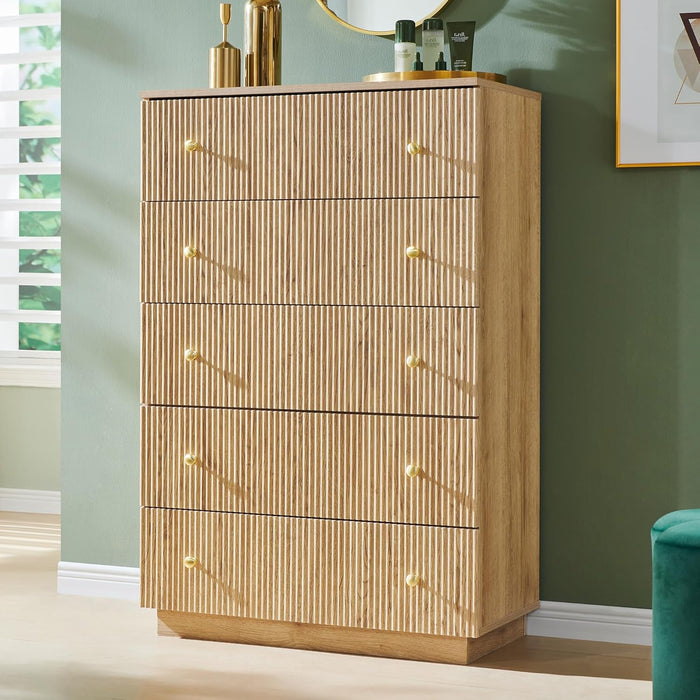 Fluted 5 Drawers Dresser for Bedroom, 45" Tall Modern Dressers & Chest of Drawers with Metal Handle, Wood Closet Clothes Storage Organizer,Storage Dressers Organizer for Hally/Living Room, Natural