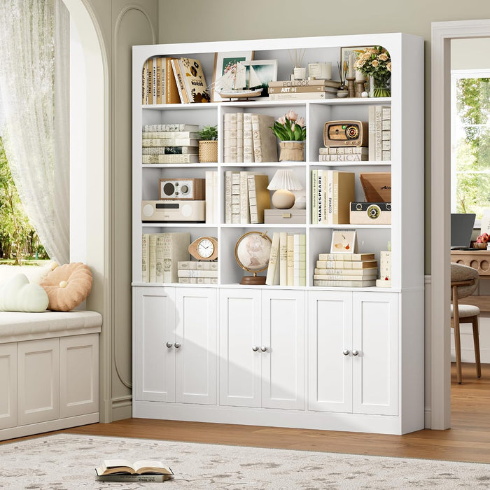 70.9" Bookcase Tall Bookshelf with Doors, Triple Wide Bookshelves | White Large Bookshelf with 10 Display Shelves, 6-Tier Tall Bookcases with Storage Cabinet, Adjustable Shelf, for Living Room
