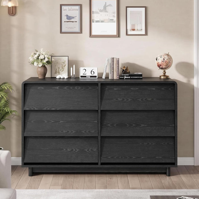 Black 6 Drawer Dresser for Bedroom, 47.2" Modern Wood Dresser with Handle-Free and Curved-Edge Design, Chests of Drawers with Large Capacity