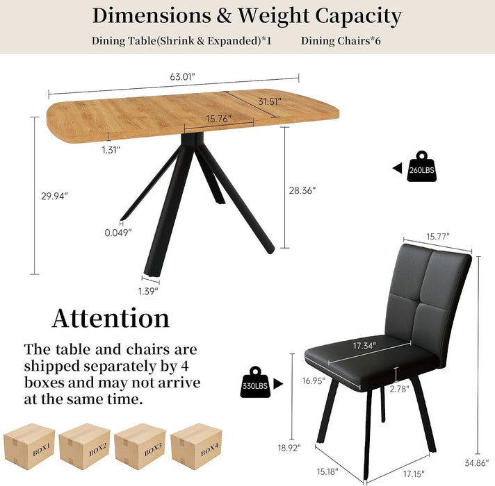 Extendable Dining Table Set for 6, Oak Table with 6 PU Black Chairs