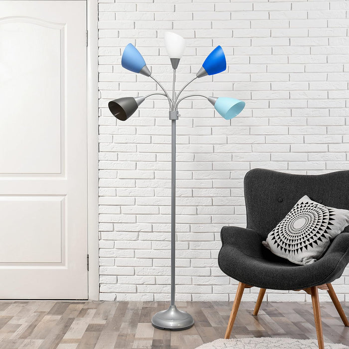 LF2006-SBG 67" Contemporary Multi Head Medusa 5 Light Adjustable Gooseneck Silver Floor Lamp with Blue, White, Gray Shades for Kids Bedroom Playroom Living Room Office