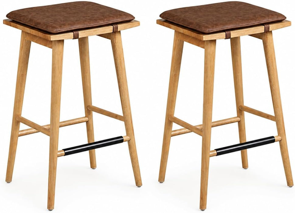 Nathan James Barker Classic Counter Height Wood Barstool with Leather Removable Cushion, Backless Island 24" Bar Stool for Kitchen, Chestnut Brown, Set of 2