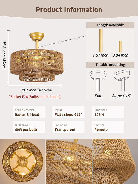 Boho Caged Fandelier with Lights Flush Mount Rattan Ceiling Fan