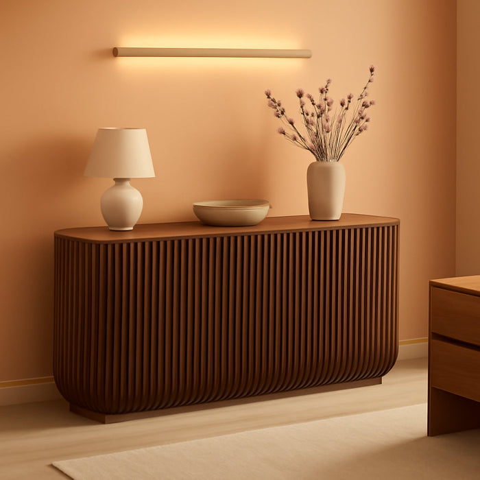 Fortitude 75" Fluted Curved Sideboard Buffet with 4 Doors in Walnut – Modern Media Console TV Stand with Adjustable Shelves and Cable Management – Office Credenza Storage Cabinet