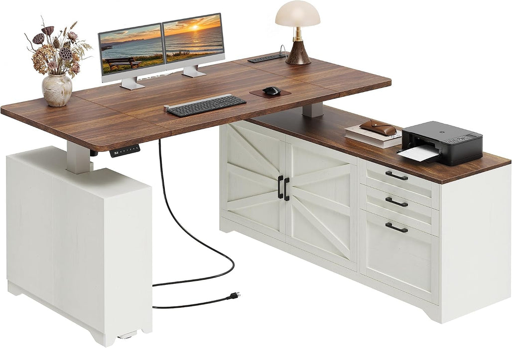 55'' Farmhouse L Shaped Standing Desk with Outlets and Drawers