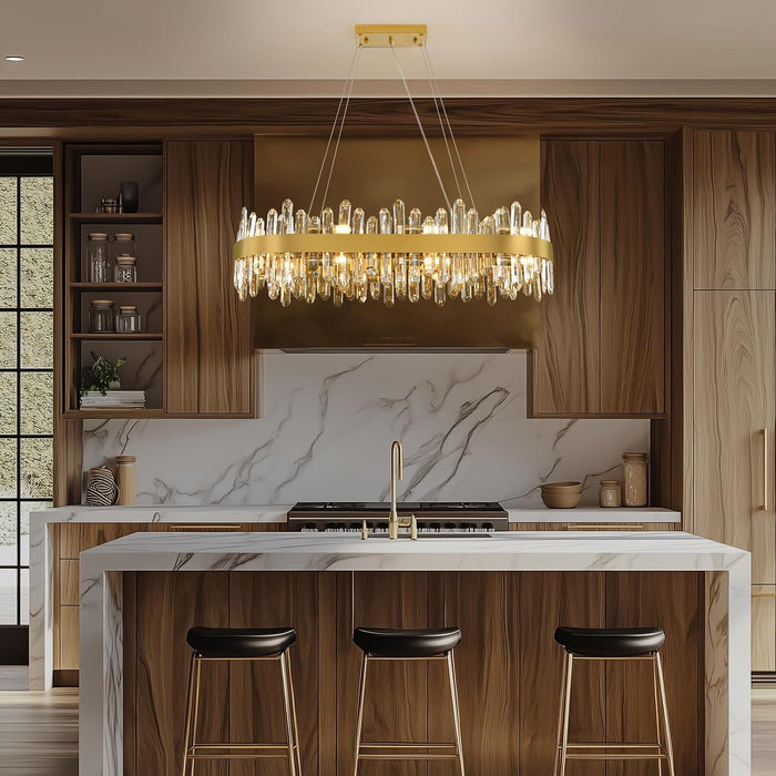 Modern Crystal Chandelier, 16-Lights 2 Tiers Dining Room Chandelier over Table, 36'' K9 Crystal Gold Rectangular Chandeliers for Kitchen Island Adjustable Long Chandeliers for Living Room