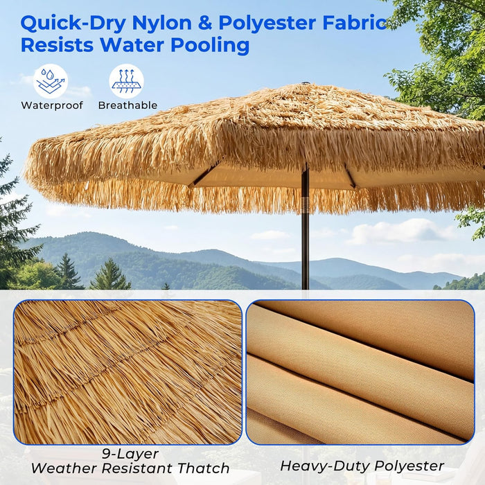 9Ft Hula Thatched Hawaiian Style Tiki Umbrella with Crank & Tilt, UPF 50+ Nylon Thatch & 220GSM Polyester Canopy, 8 Heavy-Duty Steel Ribs for Outdoor, Patio, Beach, Pool, Backyard, Garden