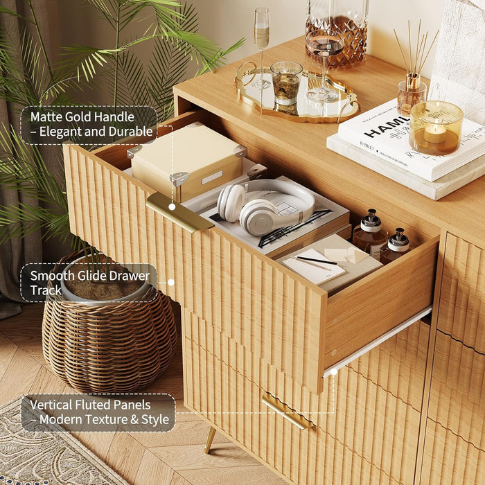 Fluted Dresser for Bedroom with 8 Drawers,55" Wide Modern Chest of Wooden Bedroom Chest with Metal Handle,Clothes Storage Organizer,Dresser & TV Stand for Living Room,Nutural