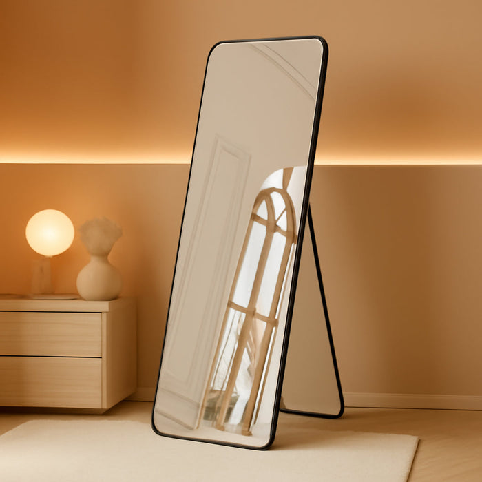 57"X21" Rectangle Full Length Mirror, Black Aluminum Frame Floor Mirror with Stand, HD Shatterproof Glass & Rust-Proof Body Mirror for Bedroom, Living Room, Bathroom, Entryway
