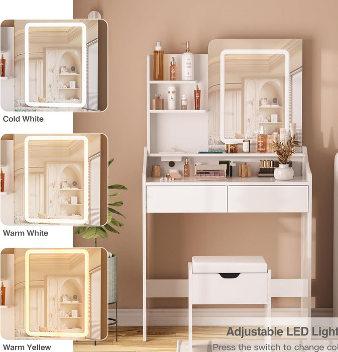 Vanity Desk with LED Light Mirror and Charging Station 30.3In, Small Vanity Set with 4 Storage Shelves 2 Drawers, Vanity for Girls Women with Storage Stool, Vanity Table for Bedroom (White)