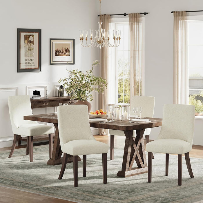Wooden Dining Chairs Set of 4, Upholstered Kitchen & Dining Room Chairs with Solid Wood Legs Curved Backrest Farmhouse Accent Chair for Dining/Kitchen/Living Room, Beige
