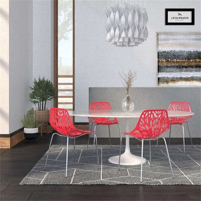 Forest Modern Dining Chair Set of 4 Red, Cut-Out Solid Back, Durable Polypropylene Seat with Chromed Legs, Stackable Contemporary Kitchen and Dining Room Chairs