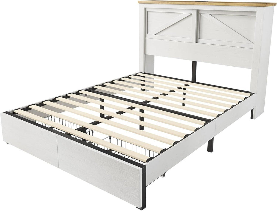 Queen Bed Frame with Hidden Sliding Bookcase Headboard, Charging Station, 2 Large Storage Drawers, Metal & Wood Platform, Farmhouse, No Box Spring Needed, White & Barnwood