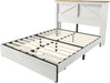 Queen Bed Frame with Hidden Sliding Bookcase Headboard, Charging Station, 2 Large Storage Drawers, Metal & Wood Platform, Farmhouse, No Box Spring Needed, White & Barnwood
