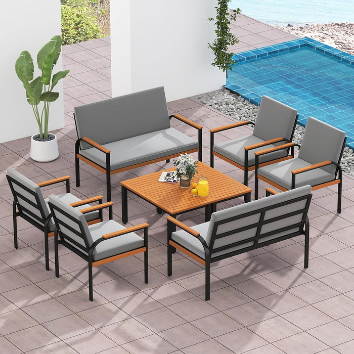 8 Pieces Patio Furniture Set, Outdoor Conversation Set with Acacia Wood Coffee Table, Cushioned Loveseat & 2 Single Armrest Chairs, for Porch, Garden, Backyard, Poolside