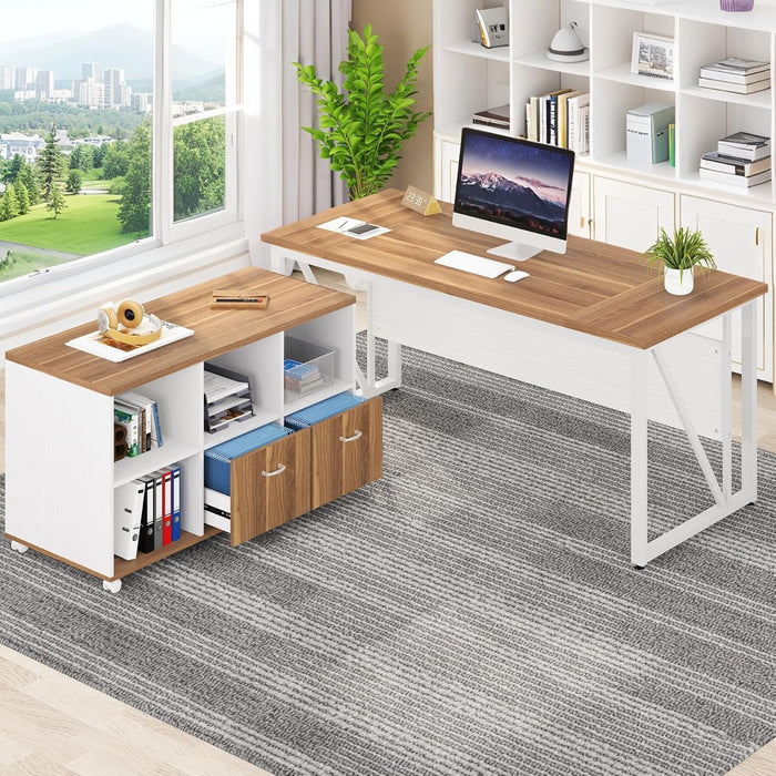 63-Inch Executive Computer Desk with 47-Inch Lateral File Cabinet, Large Workstation Business Furniture, L Shaped Desk with Drawers and Storage Shelves for Home Office, Walnut & White