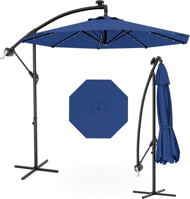 10FT Solar Lights Offset Patio Umbrella with Cross Base, Cantilever Umbrella with Easy Lift & Tilt Adjustment, 8 Ribs Sun Umbrella UV Protection for Backyard, Pool, Garden