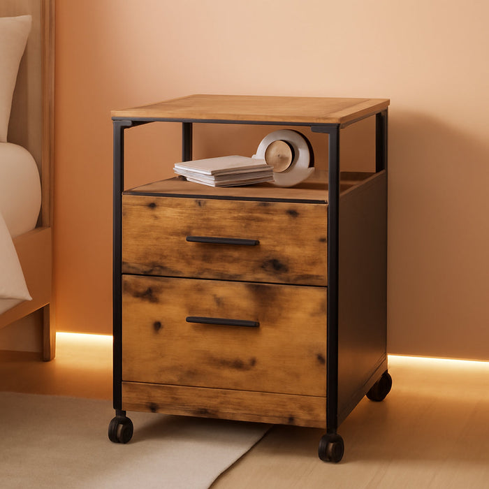 2 Drawer File Cabinet, Mobile Printer Stand with Open Storage Shelf, Wood Filing Cabinet Fits A4 or Letter Size for Home Office, Rustic Brown