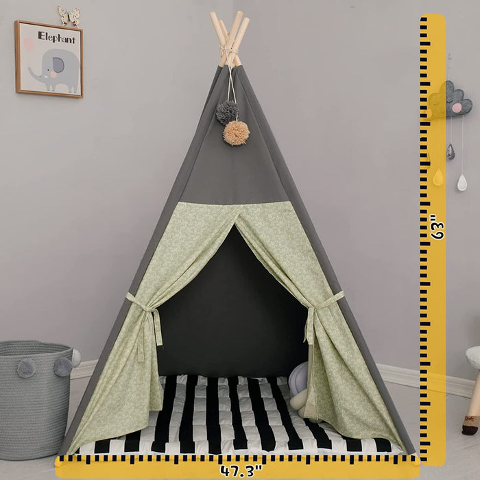 Teepee Tent for Kids Stripe Padded Mat Foldable Dark Tone Grey Play Tents for Girl and Boy with Carry Case Wooden Pole Printing Canvas Tepee Playhouse for Child Indoor Outdoor