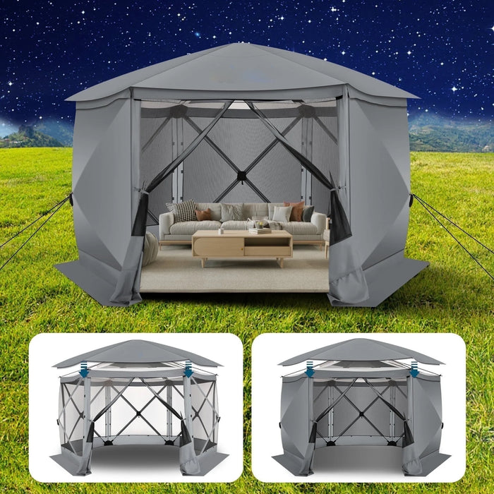 12X12Ft Camping Outdoor Gazebo, 6 Sided Pop-Up Gazebo Canopy with Mesh Windows, Portable Carry Bag, Waterproof, UV 50+, Large Shade Tents for Outdoor Camping, Backyard, Gray