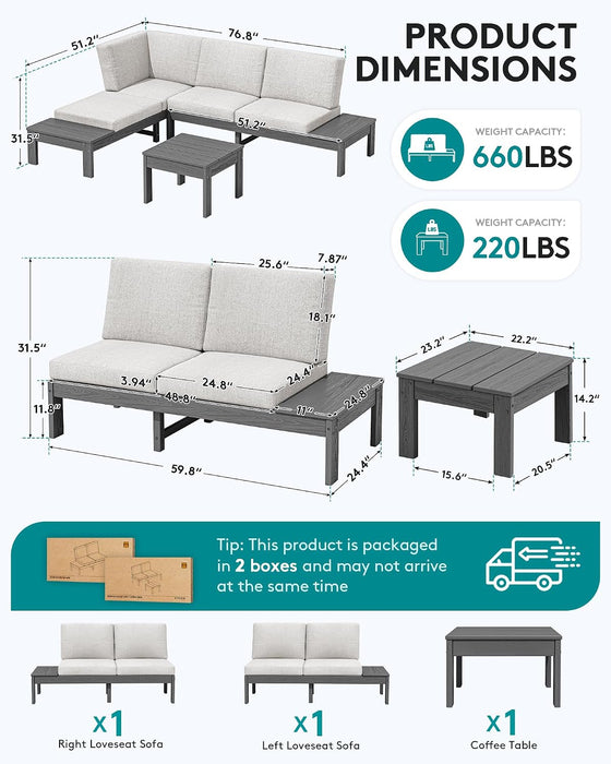 HDPE Outdoor Furniture Set, 4 Seats Outdoor Sectional with Coffee Table, All-Weather Patio Sofa Set, Patio Conversation Sets with Adjustable Backrest Sofa for Garden, Backyard, Grey with Beige
