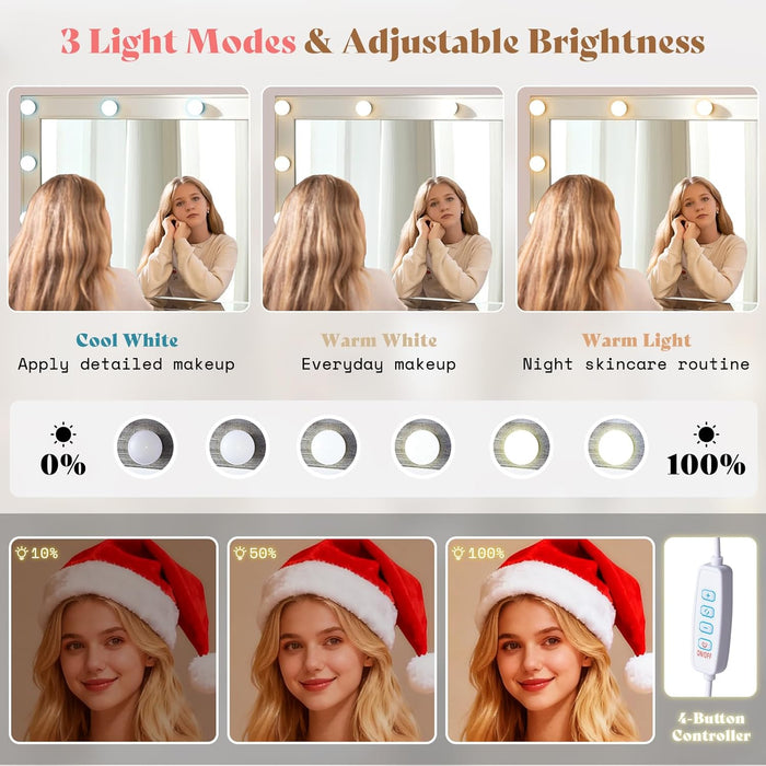 47.2" Fluted Vanity Desk with Large Mirror and Adjustable LED Lights, 7 Drawers Makeup Table with Glass Top and Charging Station for Women and Girls, Bedroom or Dorm, White