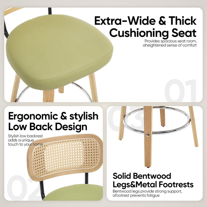 Rattan Bar Stools Set of 2,Upholstered PU Leather, 30''Counter Height Barstools with Back and Wood Legs,360°Swivel,Mid-Century Modern Bar Stool for Kitchen Island Dining Room and Bar(Grass Green)