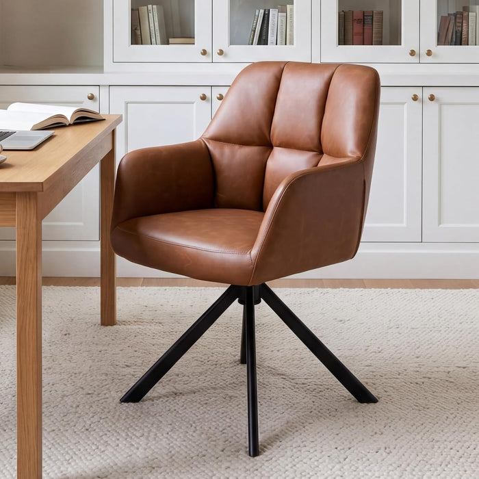 Comfy Leather Desk Chair Modern Computer Task Chair No Wheels Swivel Accent Chair with Mid Back Arm Chair for Living Room/Bedroom/Home Office, PU Brown