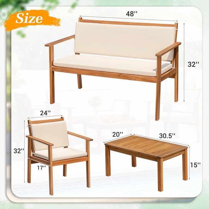 Outdoor Patio Furniture, 4 Piece Bistro Sofa Set with Coffee Table and Loveseat, Acacia Wood Conversation Sets with Cushions, for Garden, Backyard, Poolside, White