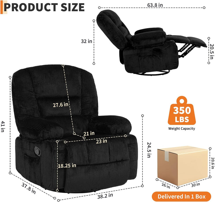 Oversized Recliner Chair,Extra Wide 360° Swivel Rocker Massage Heat
