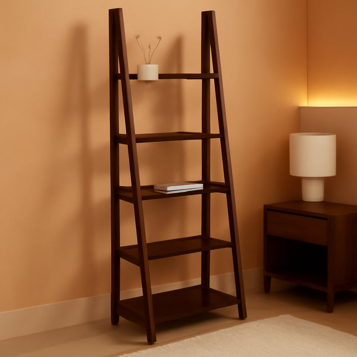 Ladder Bookshelf Organizer, Solid Rubberwood Frame, Espresso Finish, 14" D X 24.8" W X 70.1" H