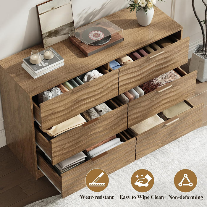 48" Wide 6 Drawers Dresser for Bedroom, Coastline Fluted Modern Dresser Drawer with Metal Handle, Storage Chest of TV Stand Organizers Wooden for Living Room, Hallway, Closet, Walnut Wood